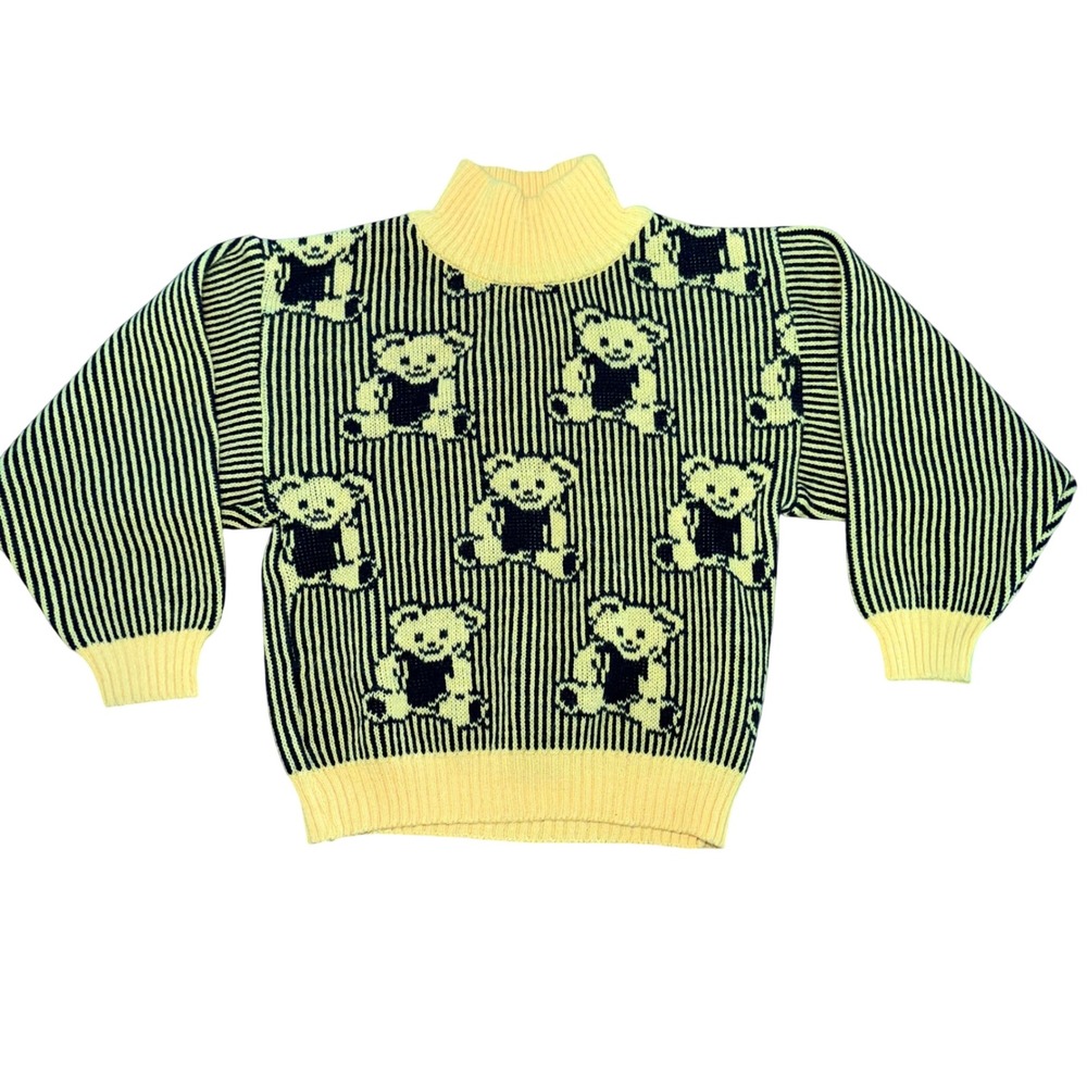 90s Popsicle Brand Kids Teddy Bear Stripe Knit Sweater Yellow Black Size 6 VTG